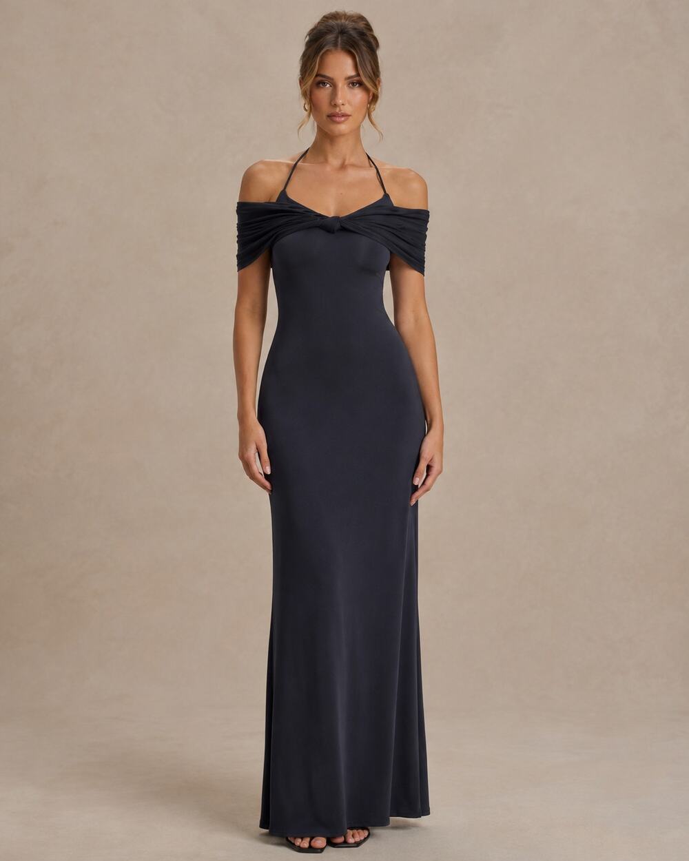 NWT Meshki Bernadina Black Mesh Slinky Halter Maxi Dress Size S